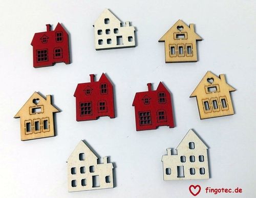 Häuser aus Holz, natur, rot, weiß,  72 Stück