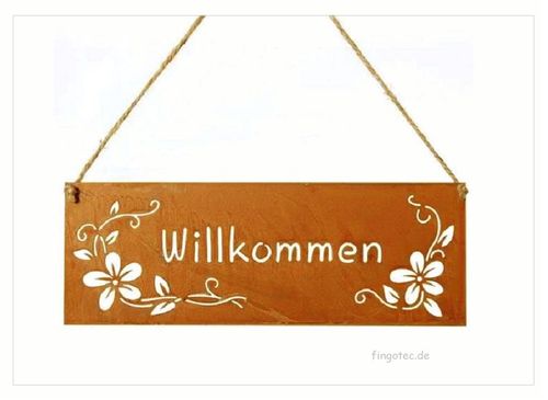 Schild Metall "Willkommen" und Blumenranken, 25x9cm